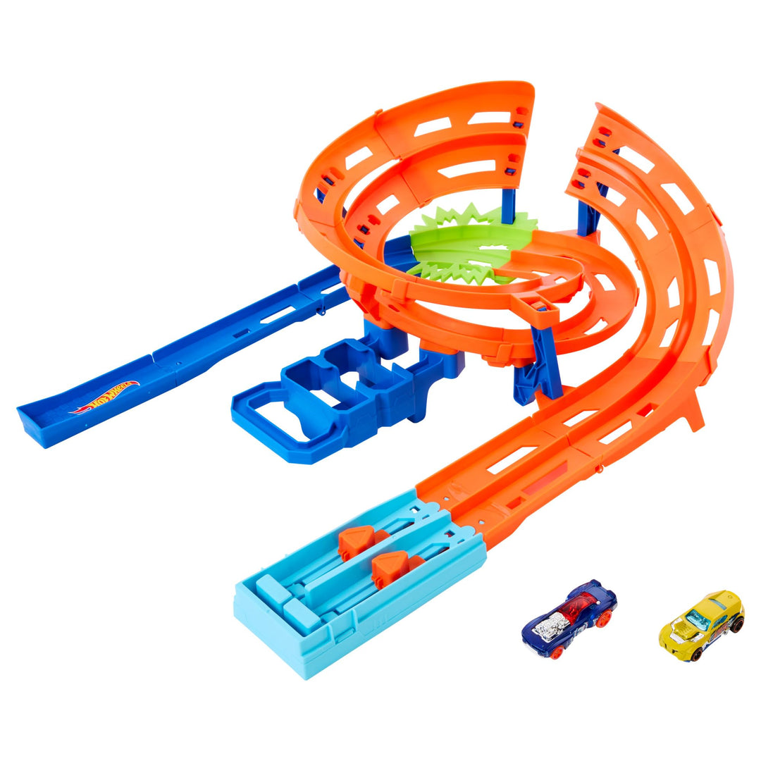 Hot Wheels Spielzeugauto-Trackset, Steilkurven-Rennstrecke, 2 Spielzeugautos im Massstab 1:64, einfa