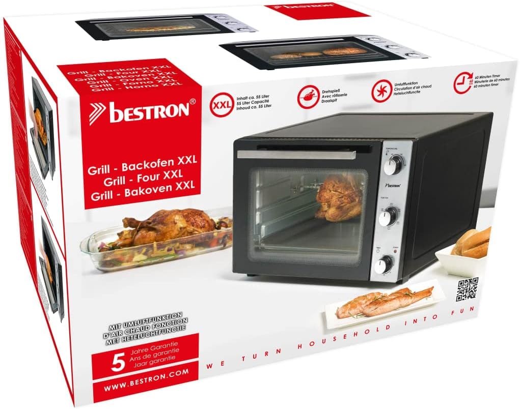 Bestron AOV55 2-in-1 Mini-Backofen mit Drehspiess, 55 Liter, 2000 W, Edelstahl, Schwarz 55 Liter Min