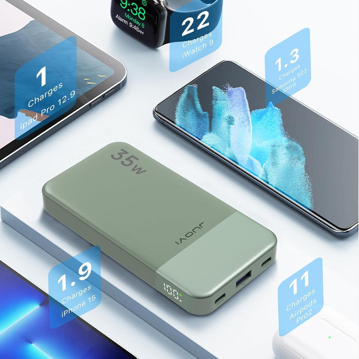 JUOVI Power Bank 10000mAh, 35W Powerbank Schnellaufladung mit 3 Ausgängen und 2 Eingängen, PD3.0 QC