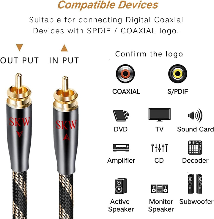 SKW Cinch auf Cinch Digitales Koaxial Kabel Subwoofer RCA Kabel für Verstärker, Stereoanlage, HiFi-A