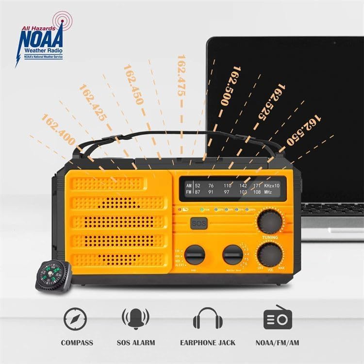 Winnes Tragbares Notfallradio Solar Radio 8000 mAh, SOS-Alarm, FM/AM-Radio mit Leselampe, Kompass, H