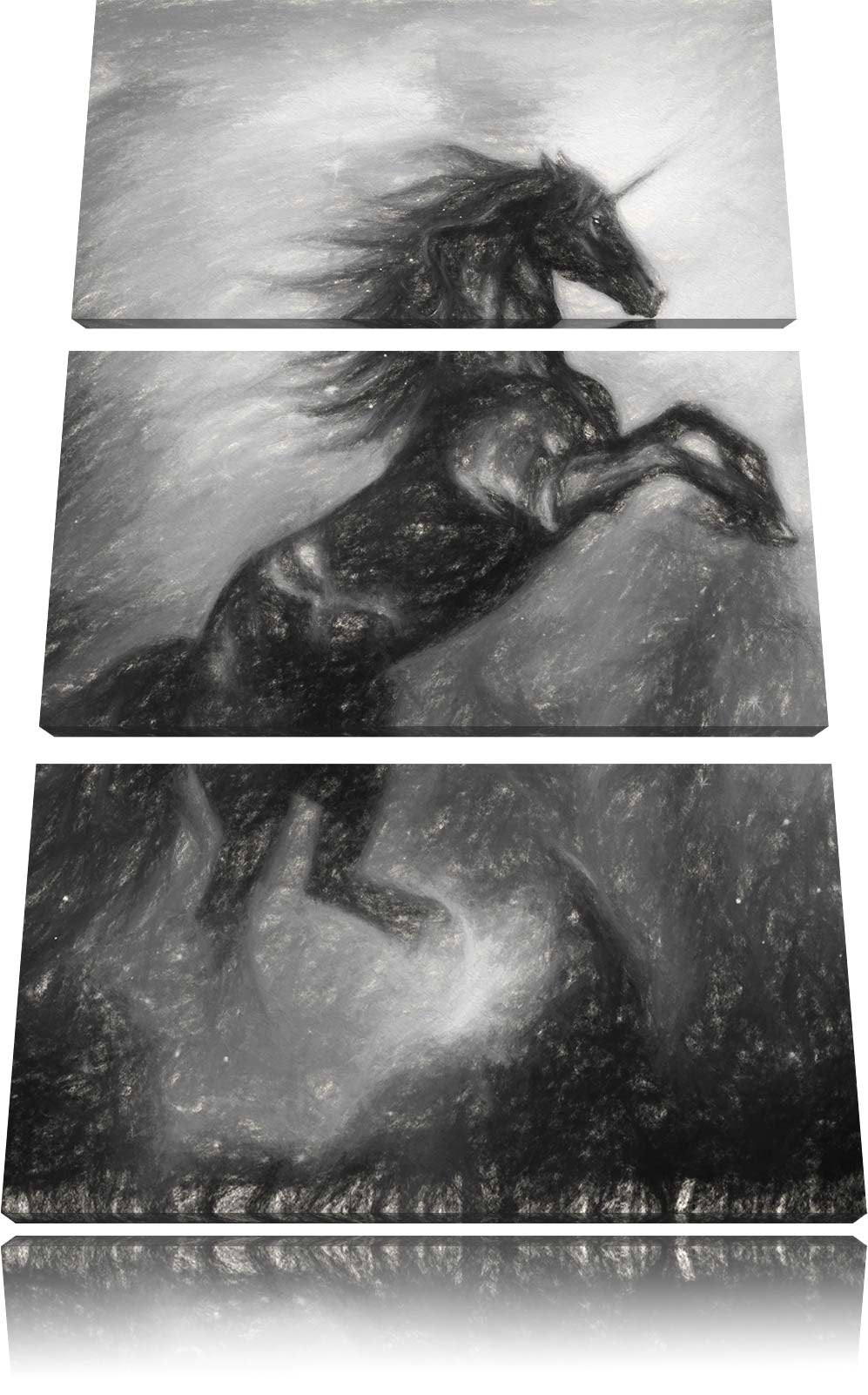 Pixxprint Traumhaftes schwarzes Einhorn Kohle Zeichnung Effekt 3-Teiler Leinwandbild 120x80 Bild auf