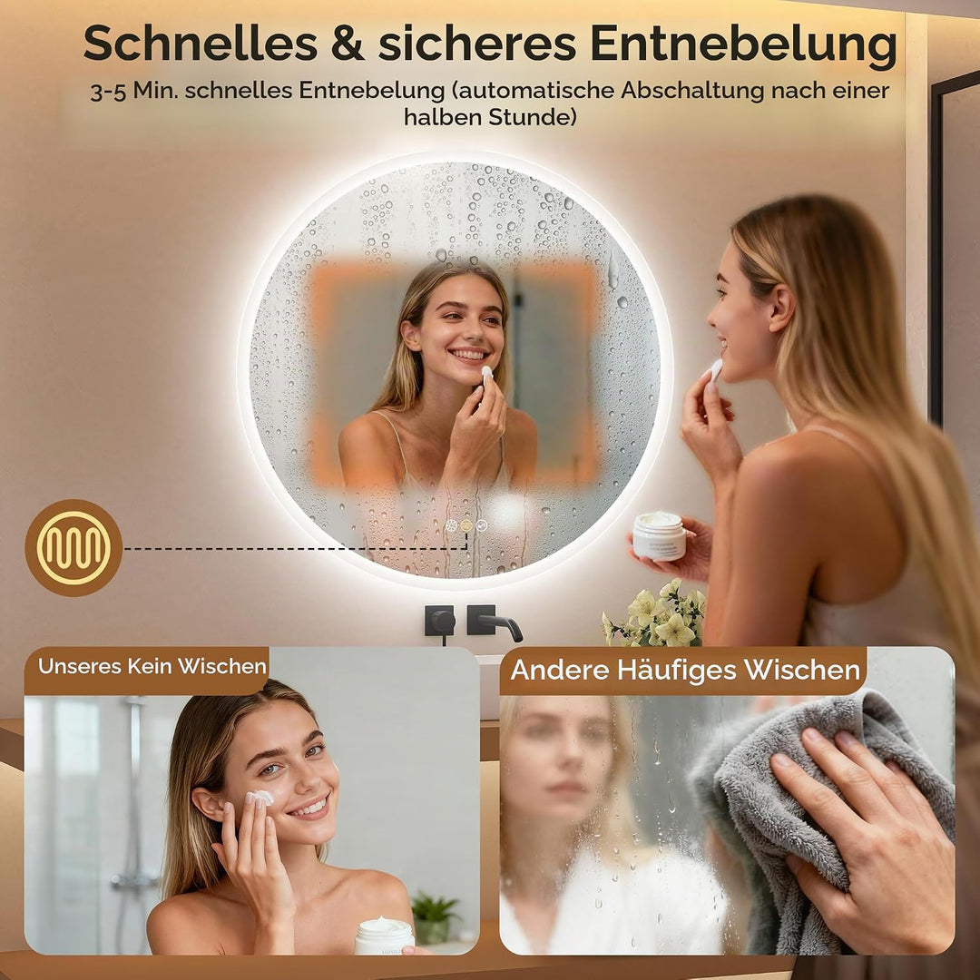 STARLEAD 70cm Runder-Badspiegel-mit-Beleuchtung, Bluetooth, Dimmbar, 3 Farbtemperatur, Entfoggen, Sp