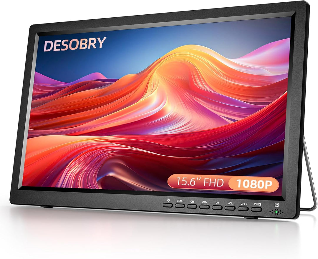 DESOBRY Tragbare Fernseher 15,6 Zoll 1080P Auflösung, Kleiner Fernseher-Unterstützung USB HDMI AV-Ei