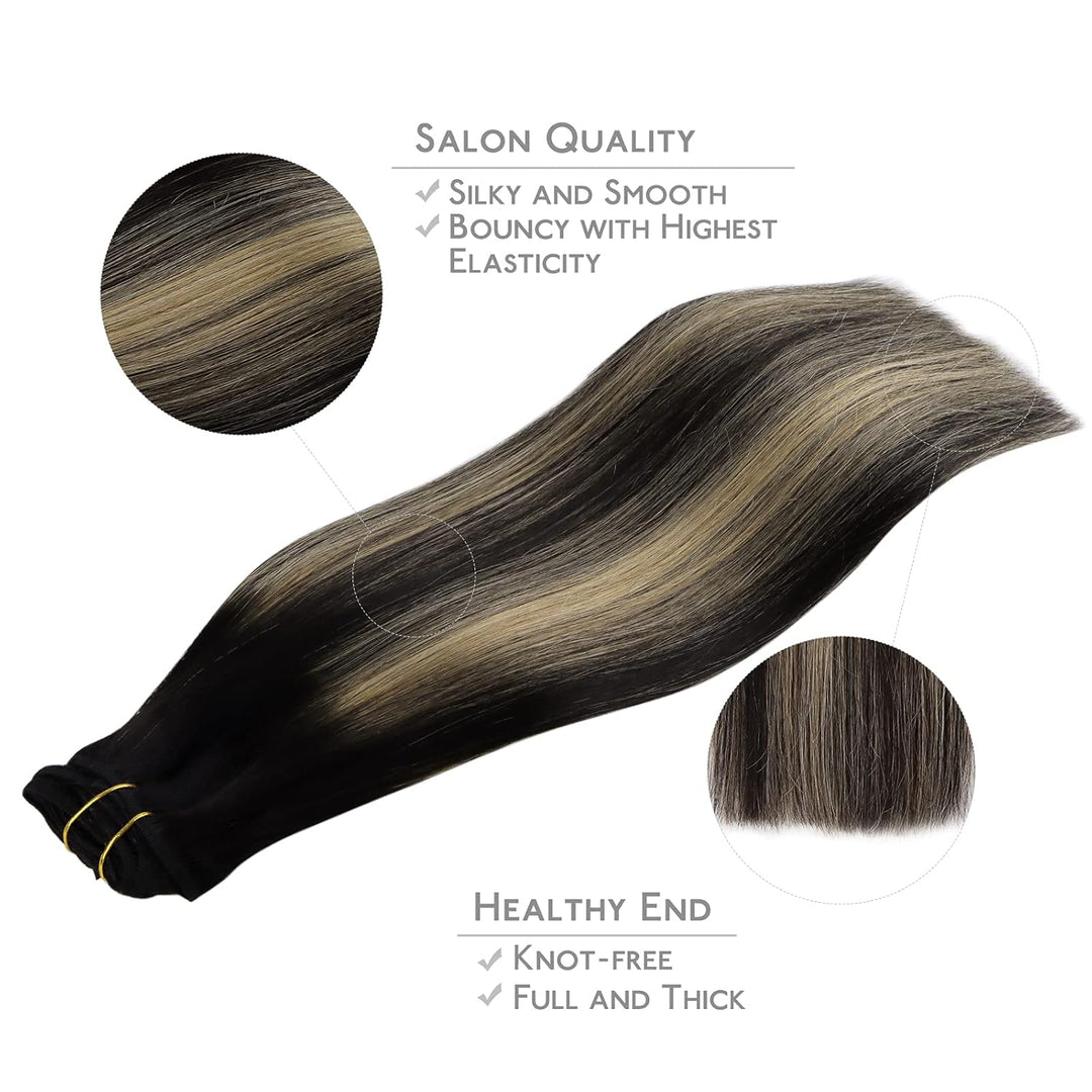 WENNALIFE Clip In Extensions Echthaar, 150g 35cm 9pcs Balayage Natürliches Schwarz bis Hellblond Cli
