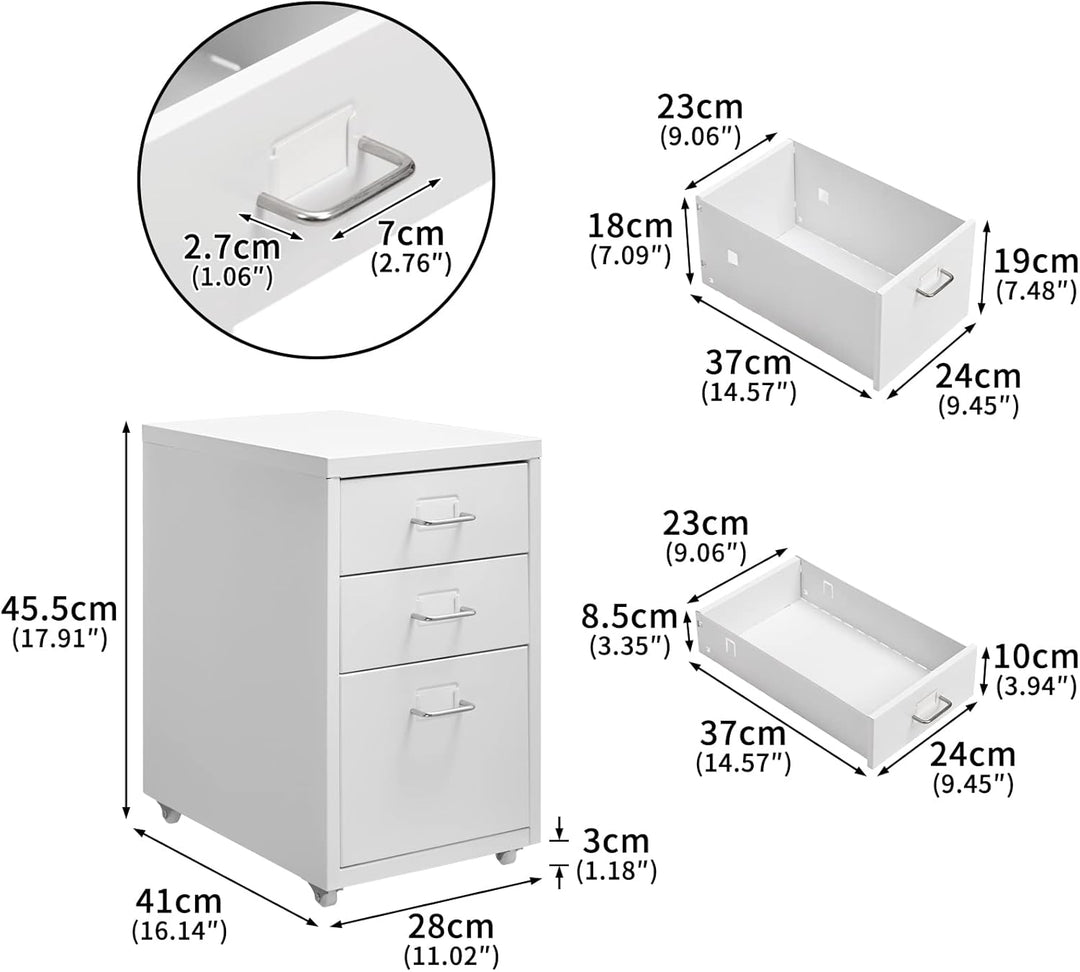 HollyHOME Mobiler Aktenschrank mit 3 Schubladen, rollbarer Aktenordner unter dem Schreibtisch, Aufbe