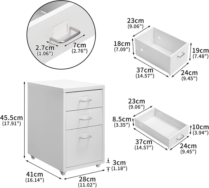 HollyHOME Mobiler Aktenschrank mit 3 Schubladen, rollbarer Aktenordner unter dem Schreibtisch, Aufbe