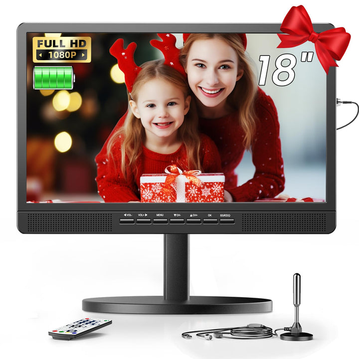 DESOBRY 18" Kleiner Fernseher mit Antenne, tragbarer Fernseher mit Freeview DVB/T2 Tuner, 6000mAh Ak