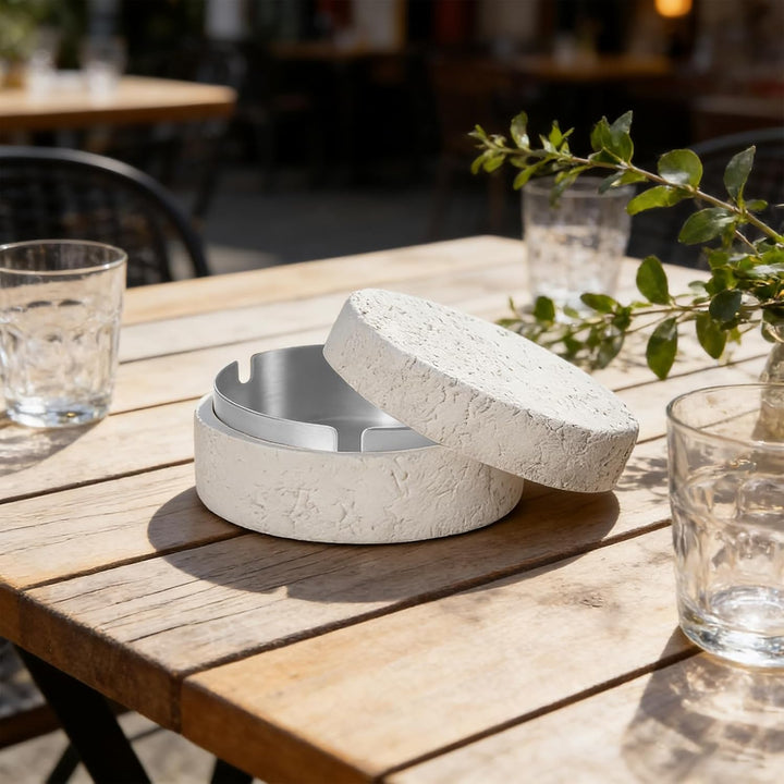 Dekorative Tisch Aufbewahrungsbox mit Deckel aus Zement & Edelstahl, Geruchsdicht, Windfest, Für Inn