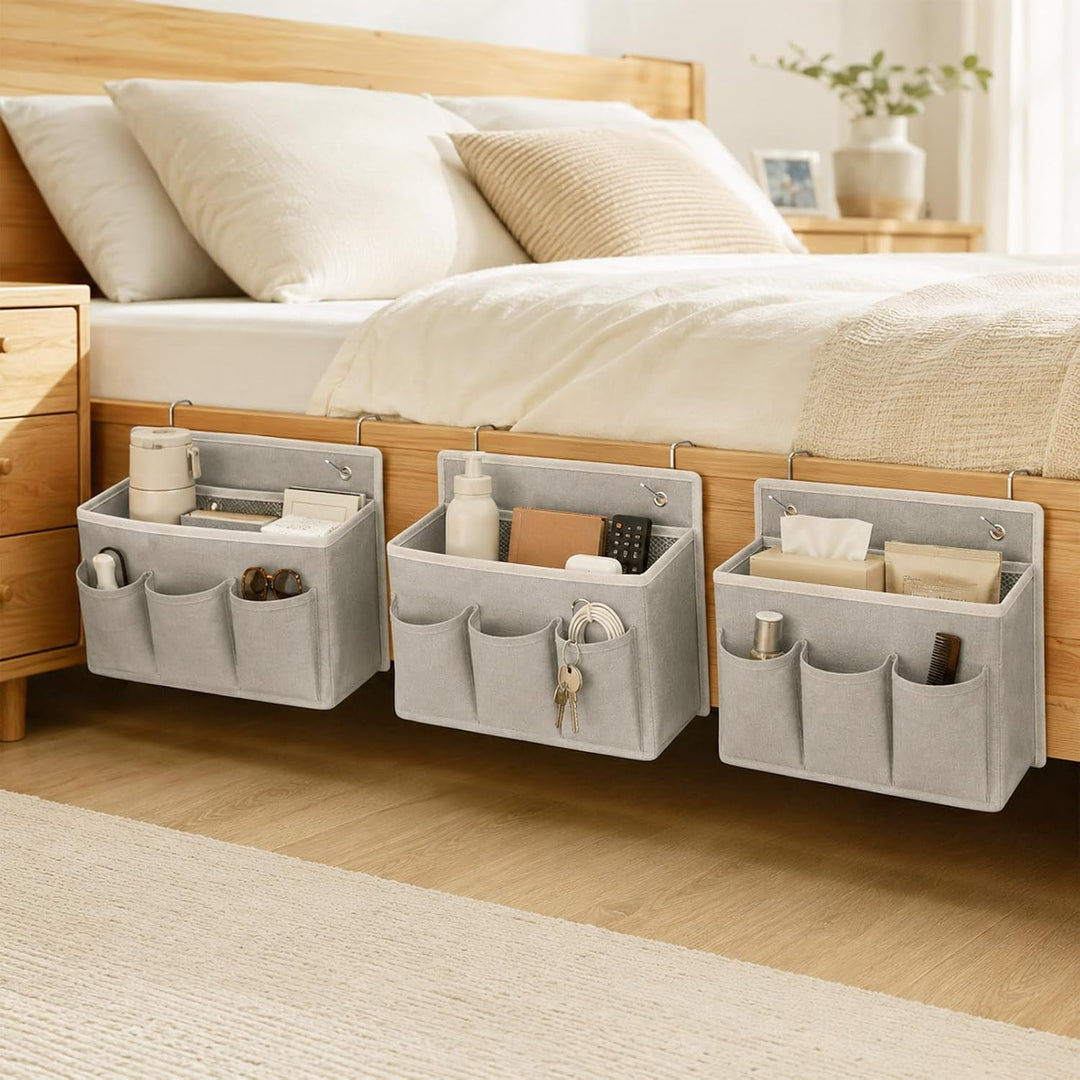 3 Stück Hängeorganizer Grau aus Baumwolle und Leinen mit 5 Fächer | Wand Organizer Tasche mit 12 Hak