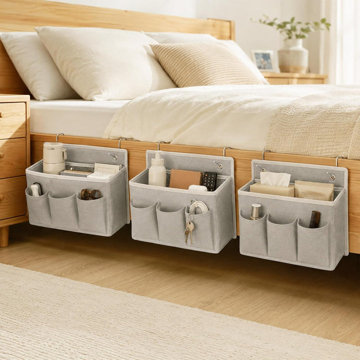 3 Stück Hängeorganizer Grau aus Baumwolle und Leinen mit 5 Fächer | Wand Organizer Tasche mit 12 Hak