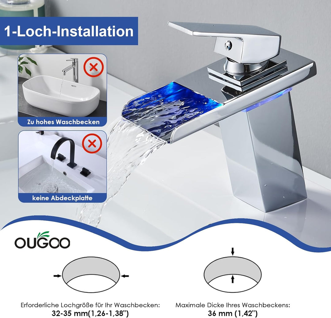 LED Einhebelmischer Waschbecken Wasserhahn, OUGOO RGB 3 Farbwechsel Armatur mit Temperatursensor, Wa
