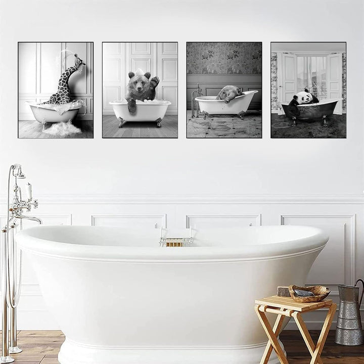 WADBTP Badezimmer Bilder,Schwarz Weiss Bilde,Lustige Tier in der Badewanne Leinwand Bilder für Wohnz