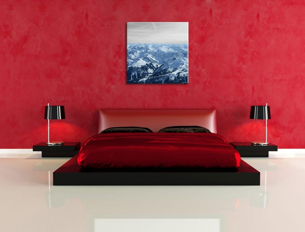 Pixxprint imposante Alpen mit Schneespitzen schwarz/weiss, Format: 70x70 auf Leinwand, 70x70
