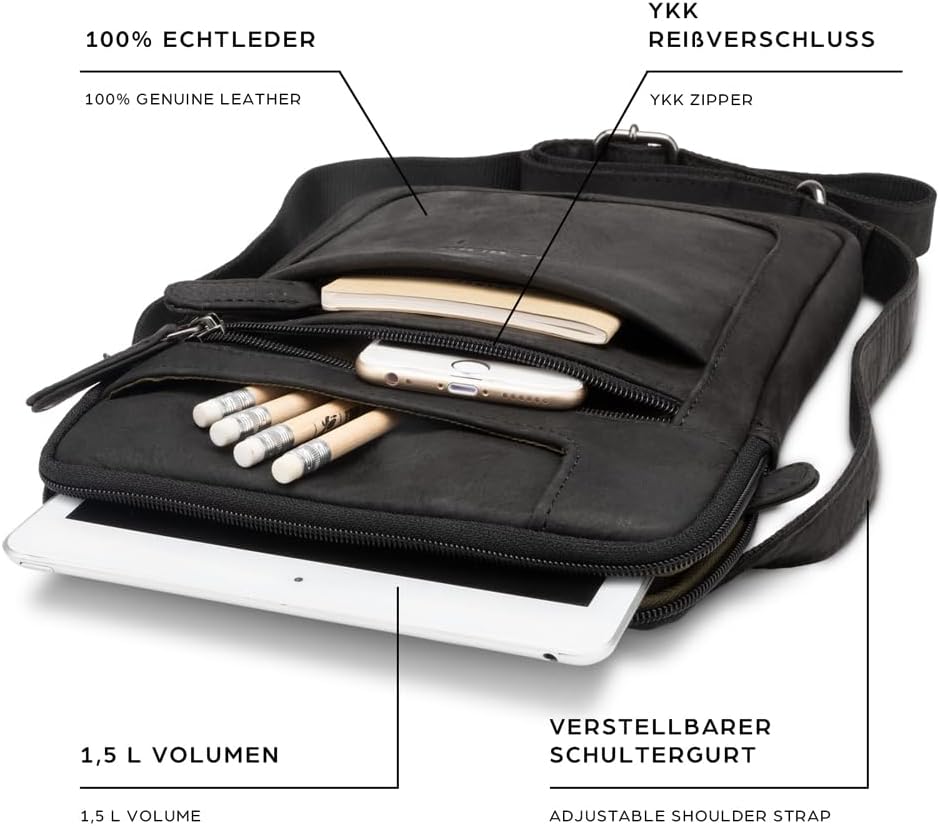 LEABAGS Detroit Umhängetasche Herren – Kleine Leder Umhängetasche 21x26 cm – Mini Crossbody Tasche m