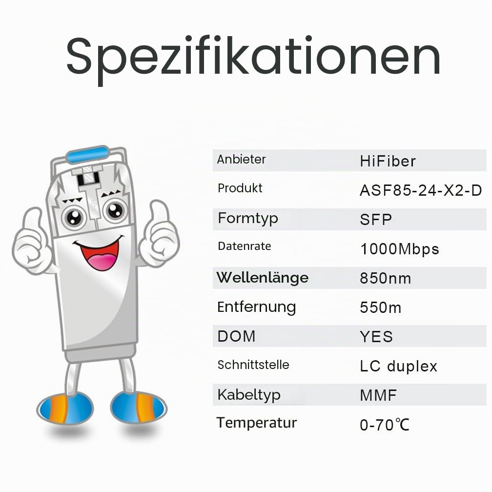 H!Fiber 1.25Gb/s SFP 1000Base-SX Transceiver, 550Meter, LC Modul Kompatibel für Cisco GLC-SX-MMD, Ub