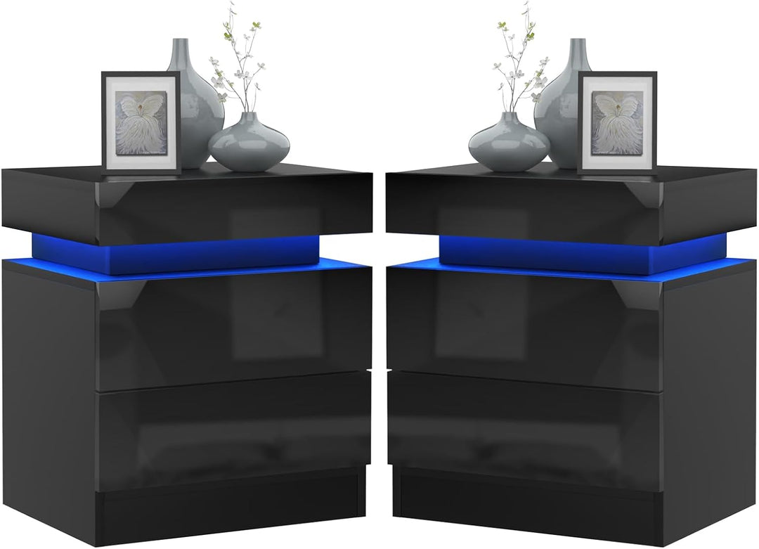 Lvhcmfohm Nachttisch Schwarz 2er Set, Nachtschrank mit Led Licht, Nachtkommode mit 2 Schubladen und