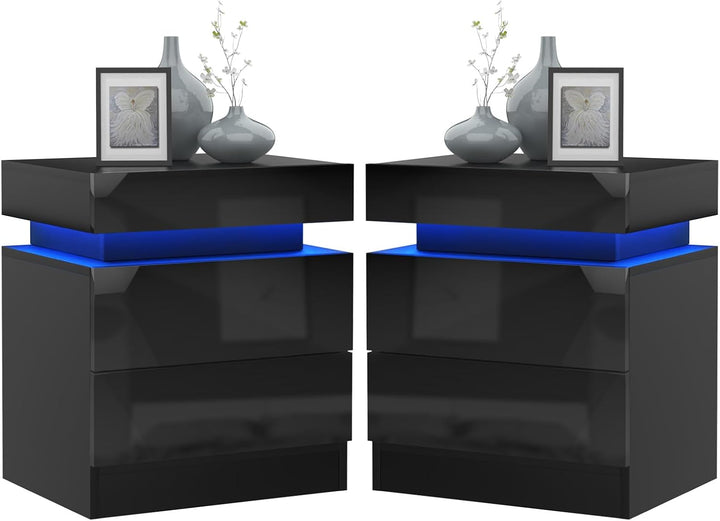 Lvhcmfohm Nachttisch Schwarz 2er Set, Nachtschrank mit Led Licht, Nachtkommode mit 2 Schubladen und