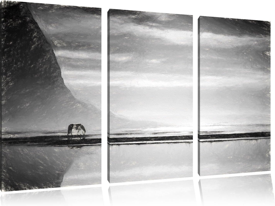 Pixxprint Pferd am Ufer Einer Insel / 3-Teilig/Gesamtmass 120cm Leinwandbild bespannt auf Holzrahmen