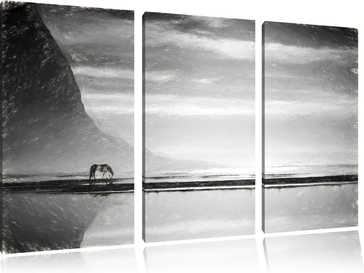 Pixxprint Pferd am Ufer Einer Insel / 3-Teilig/Gesamtmass 120cm Leinwandbild bespannt auf Holzrahmen