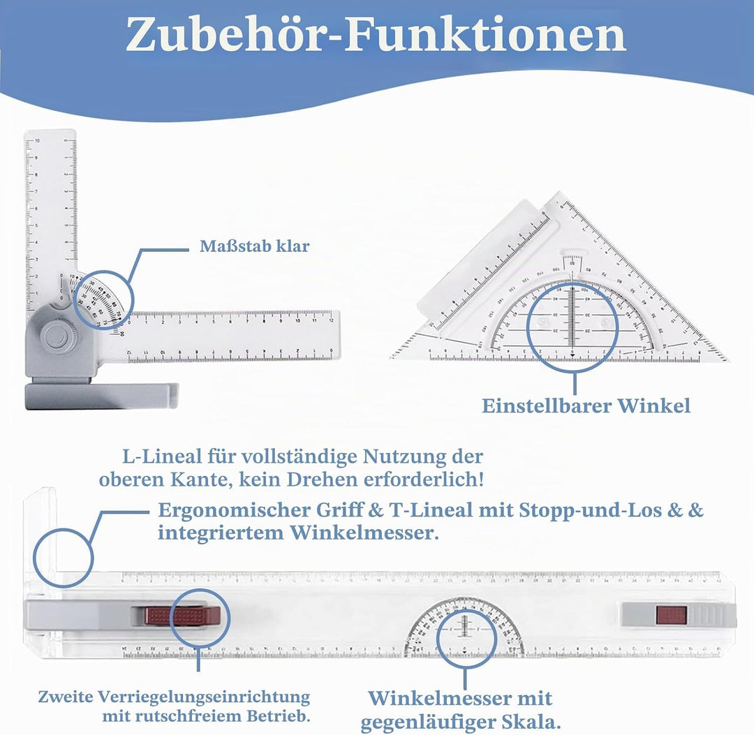 Zeichenbrett 51 x 37 cm, Zeichenplatte A3, Multifunktionales Technisches Zeichnen mit Parallelbewegu