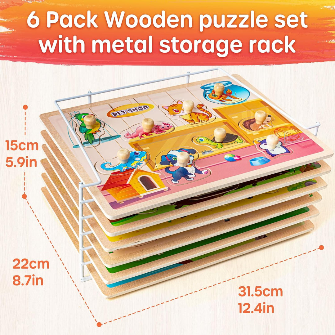 SYNARRY 6 Set Kinder Holzpuzzle ab 1 2 3 Jahre, Montessori Spielzeug Steckpuzzle für Babys Kleinkind