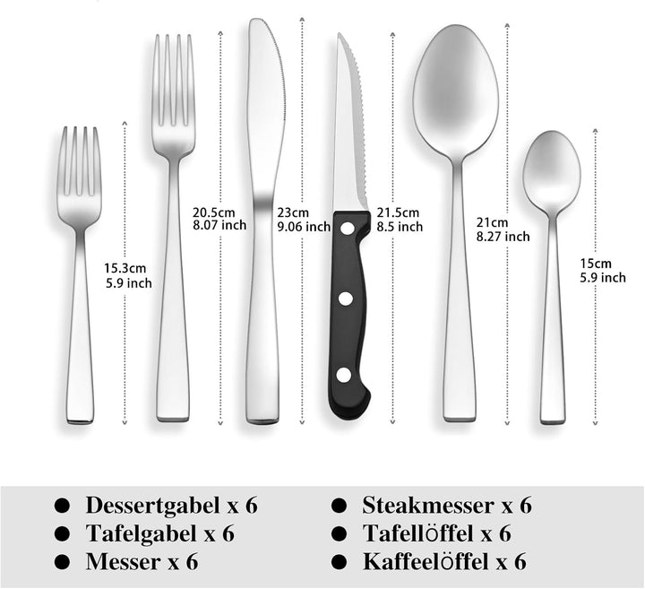 Besteck Set 6 Personen 36-teilig Edelstahl - Besteckset Spülmaschinenfest mit Steakmesser, Tafelmess