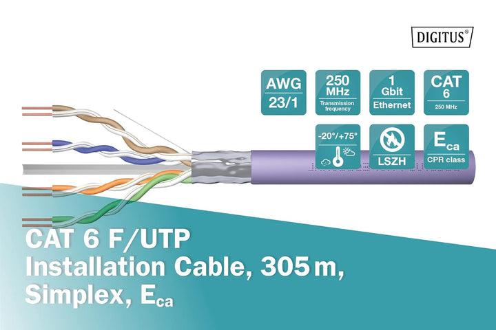 DIGITUS 305 m Cat 6 Netzwerkkabel - F-UTP Simplex - BauPVO Eca - LSZH Halogenfrei - 250 MHz Kupfer A