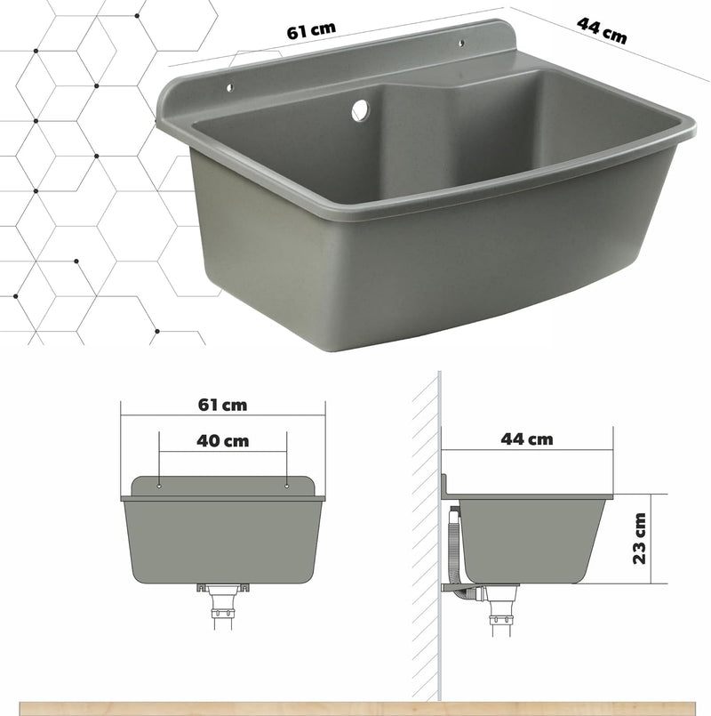 GOSPO Ausgussbecken, 61 cm x 44 cm x 23,5 cm, Waschbecken aus Kunststoff, Waschtrog mit Überlauf, Si