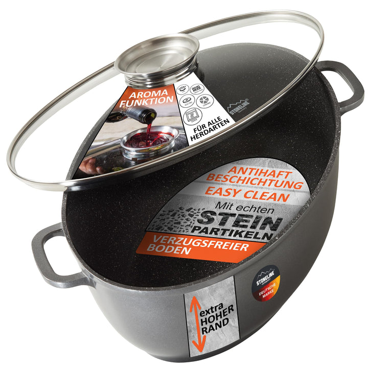 Stoneline Gourmet Bräter, oval, 38,8 x 26,3 cm, 8 L, mit Aroma-Glasdeckel zur dosierten Zugabe von F