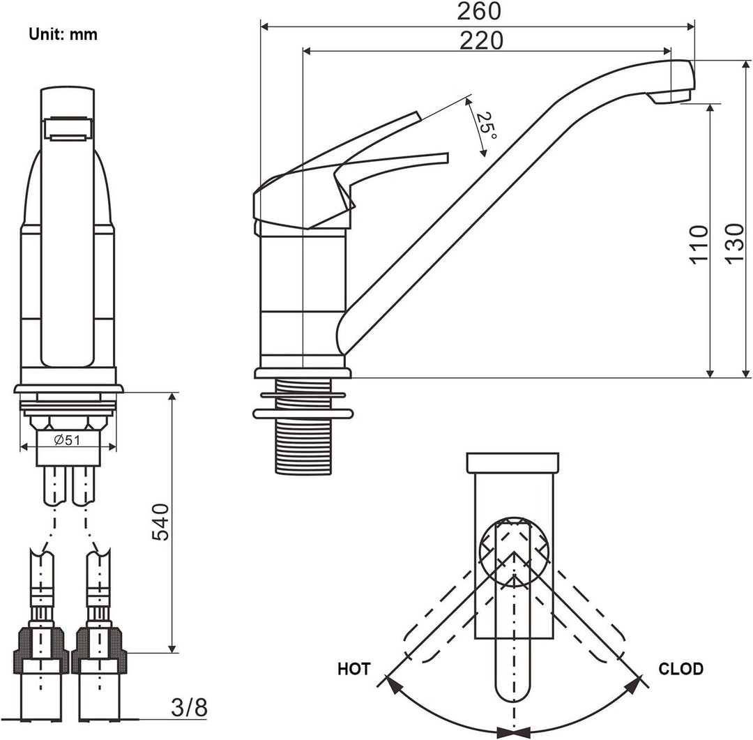BONADE Niederdruck Armatur Küche, Wasserhahn Küche Niederdruck mit 3 Anschluessen für Boiler, 360° D