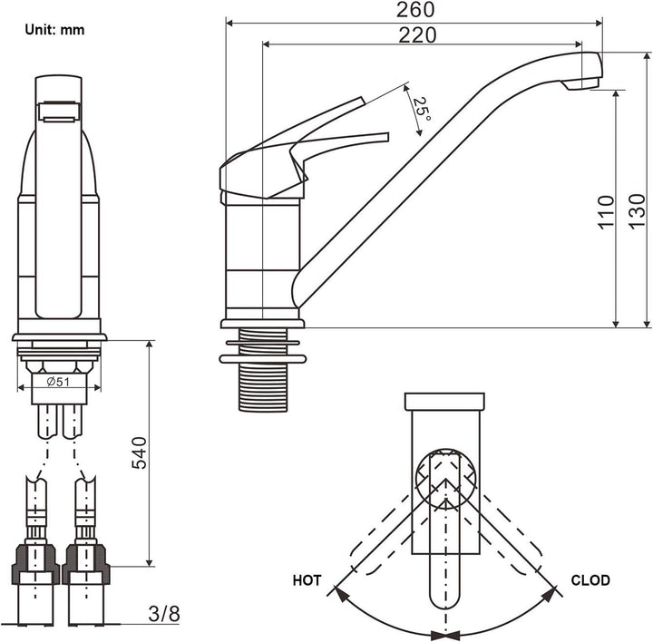 BONADE Niederdruck Armatur Küche, Wasserhahn Küche Niederdruck mit 3 Anschluessen für Boiler, 360° D