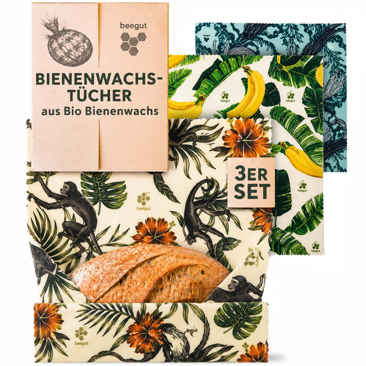 beegut Bienenwachstücher 3er Set aus Deutschland mit Bio Rohstoffen, Lebensmittel plastikfrei frisch