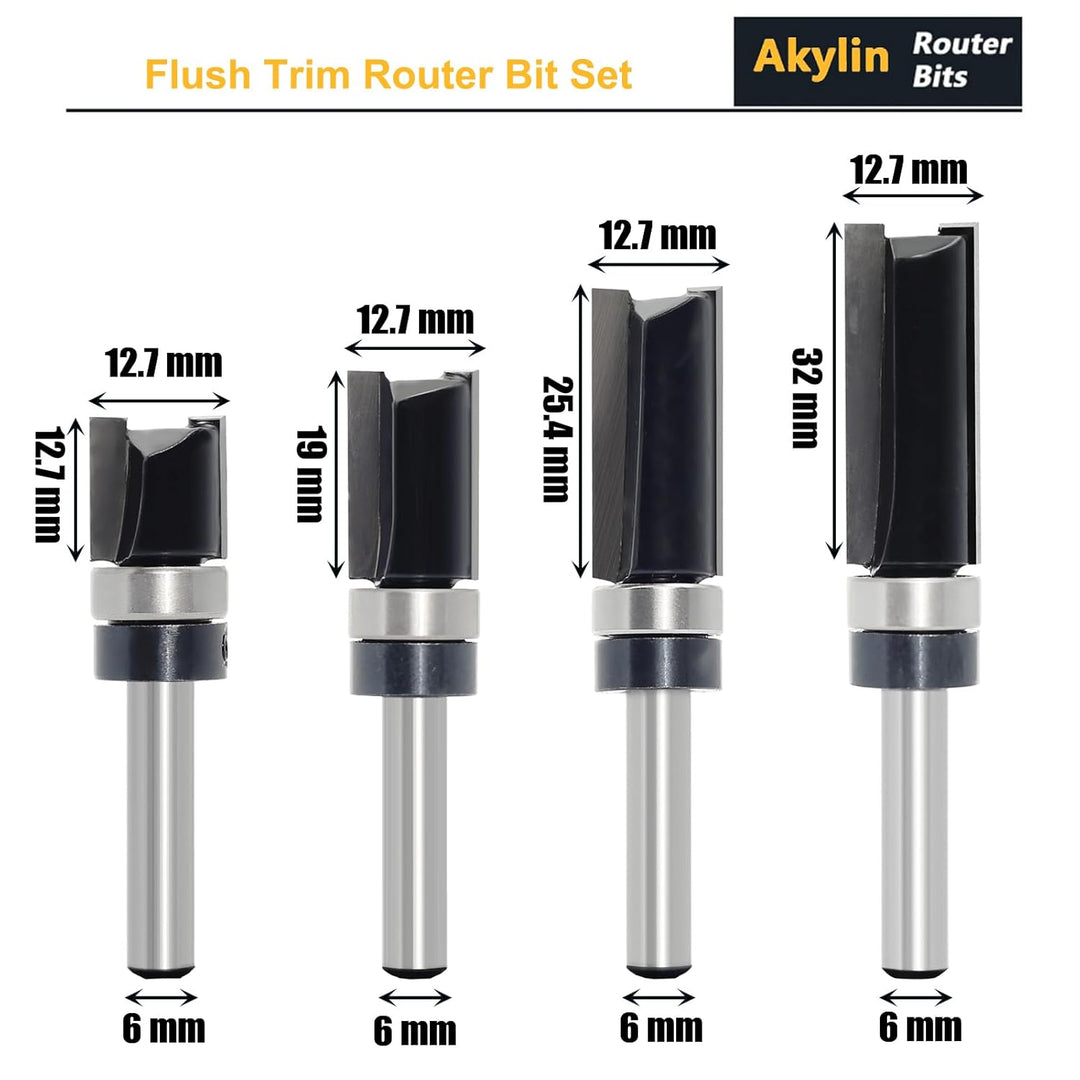 4 Stück Bündigfräser 6 mm Schaft, Kopierfräser für Oberfräse, Bündigfräser mit anlaufring oben Set H