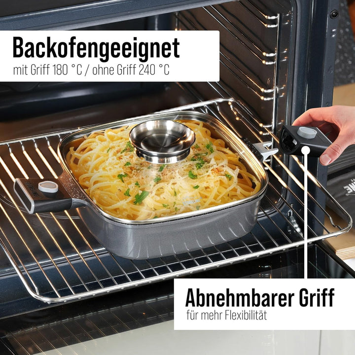 STONELINE SMART Servierpfanne 24 cm, Eckige Pfanne mit Deckel, Abnehmbarer Griff, Aluguss Pfanne Ind