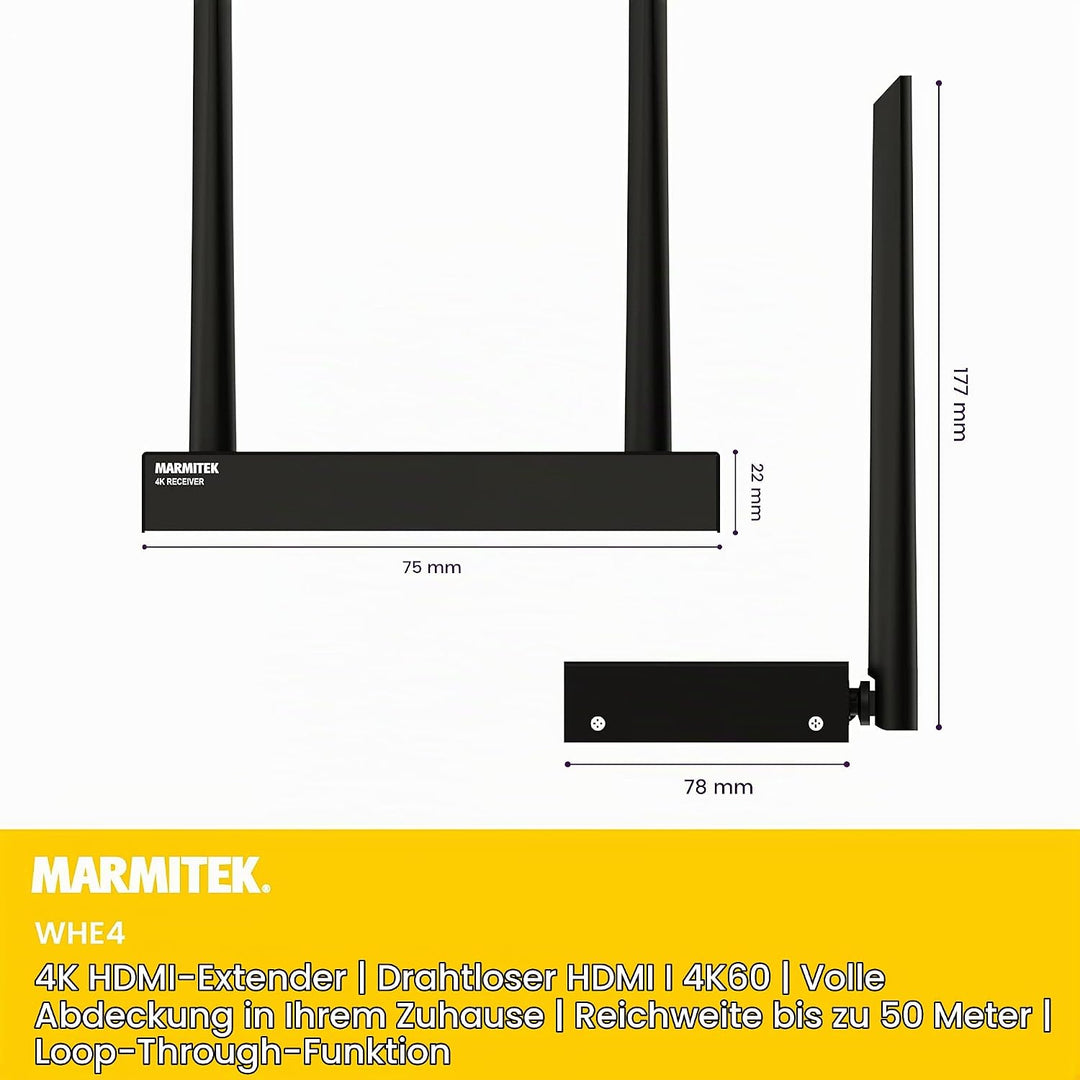 Drathlose HDMI Extender 4K - Marmitek WHE4-4K60 - Ultra HD - Flächendeckendes Bereich - Infrarot Rüc