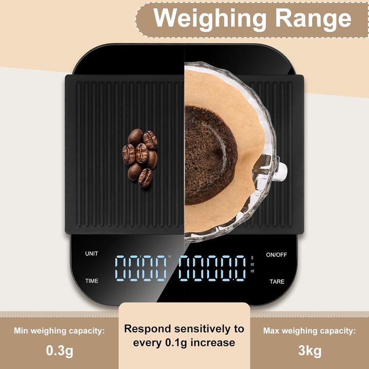 Digitale Kaffeewaage mit Timer, Espresso Waage mit 0,1g Präziser Graduierung, USB Aufladbar Feinwaag