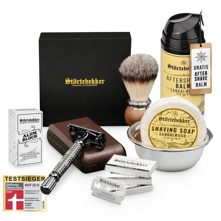 Störtebekker® Shaving Essential Set - Rasierhobel inkl. Lederetui (Café) & 10 Klingen, Rasierpinsel,