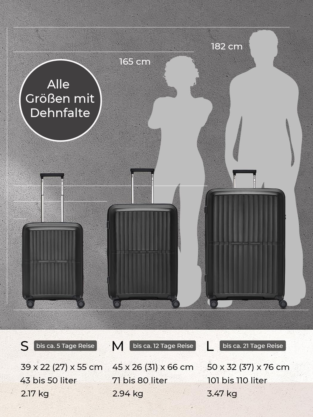 Pactastic Ultra leicht Hartschalen Koffer-Set 3-teilig | Robustes Polypropylen Material | mit Dehnfa