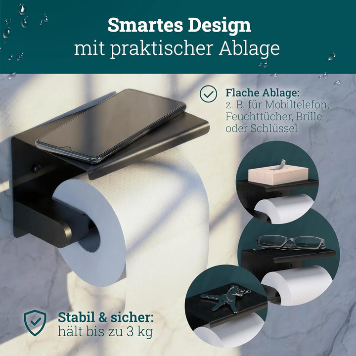 husman® Toilettenpapierhalter ohne Bohren | Klorollenhalter aus hochwertigem Edelstahl Matt-Schwarz