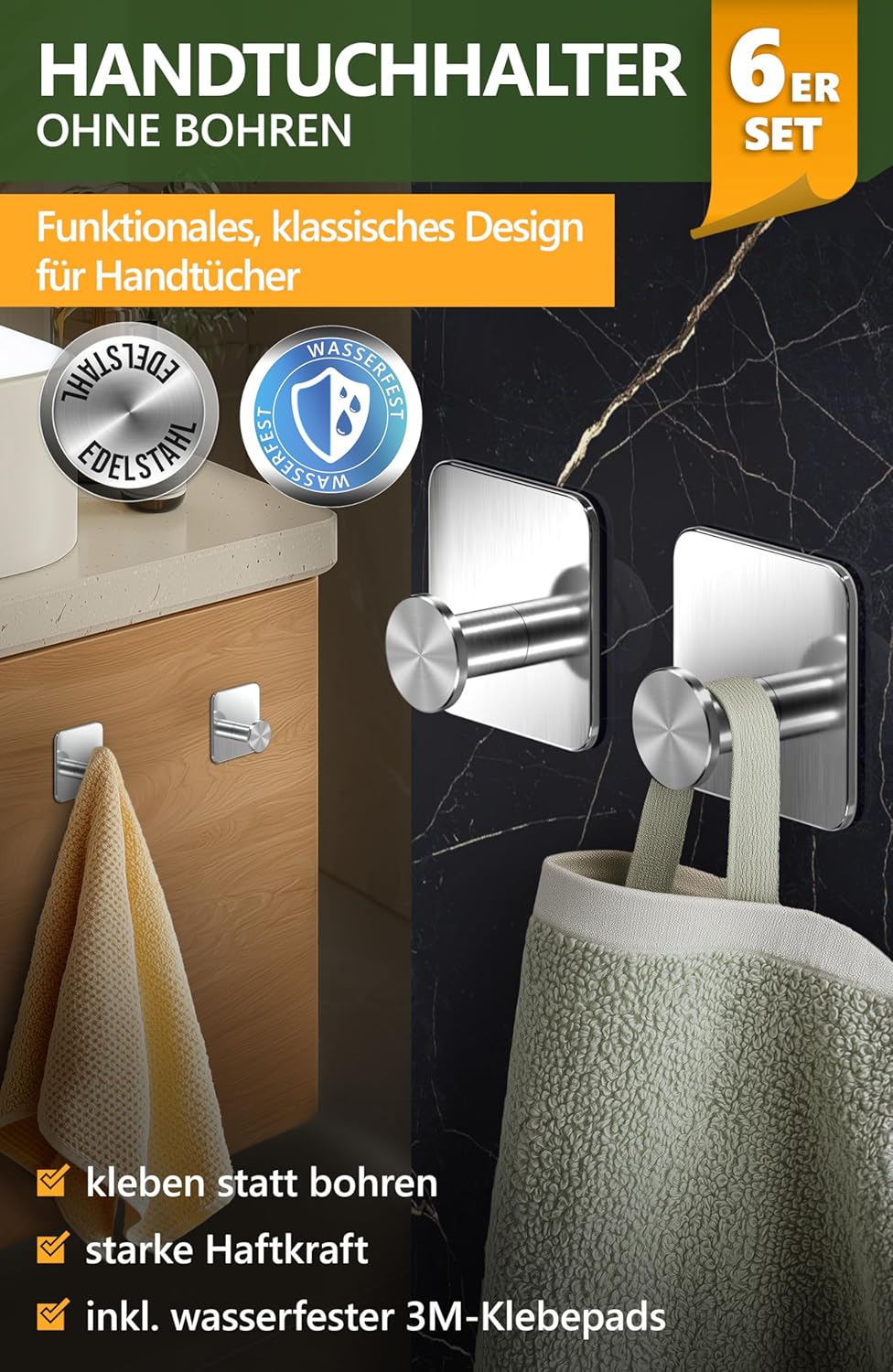 4smile Klebehaken - 6er Set Edelstahl MZ Design - Handtuchhaken für Bad und Küche Modern - 6er Set S