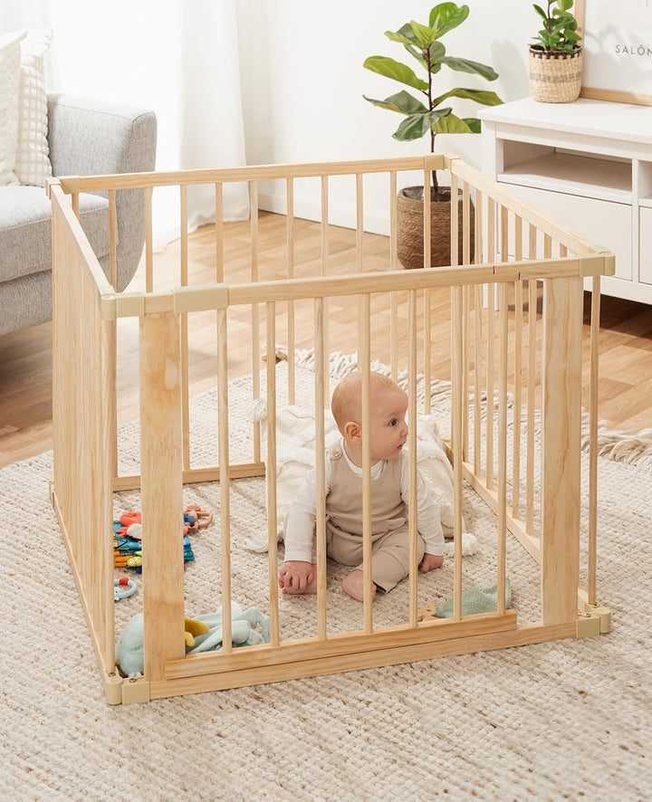 dibea Baby-Laufstall Holz-Laufgitter mit Tür, 4 Elemente je 90x68 cm 90 x 68 cm (4 Elemente), 90 x 6