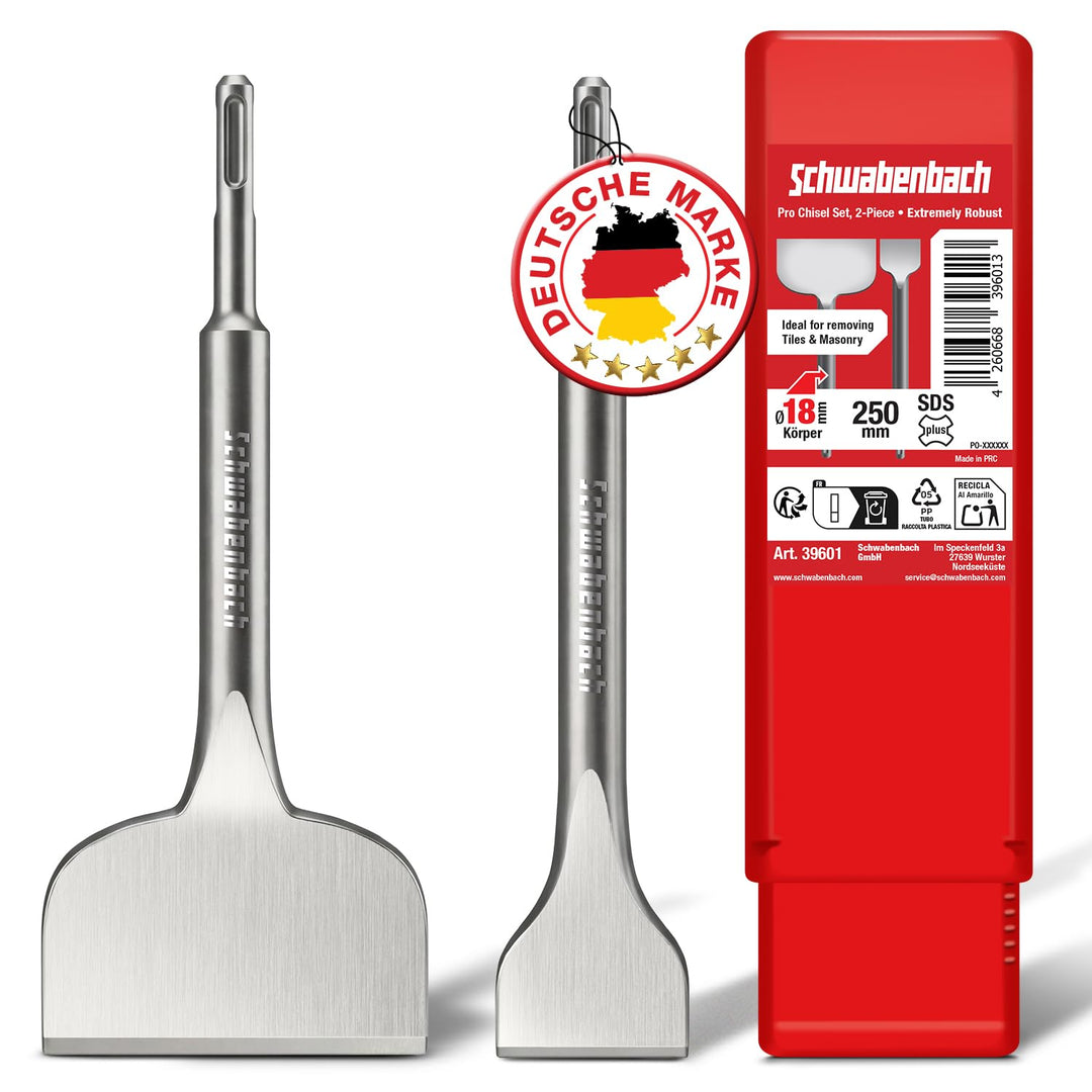 SCHWABENBACH® Fliesenmeissel Sds Plus - 2tlg 250 mm lang - Flachmeissel Sds Plus 50 mm + Sds Meissel