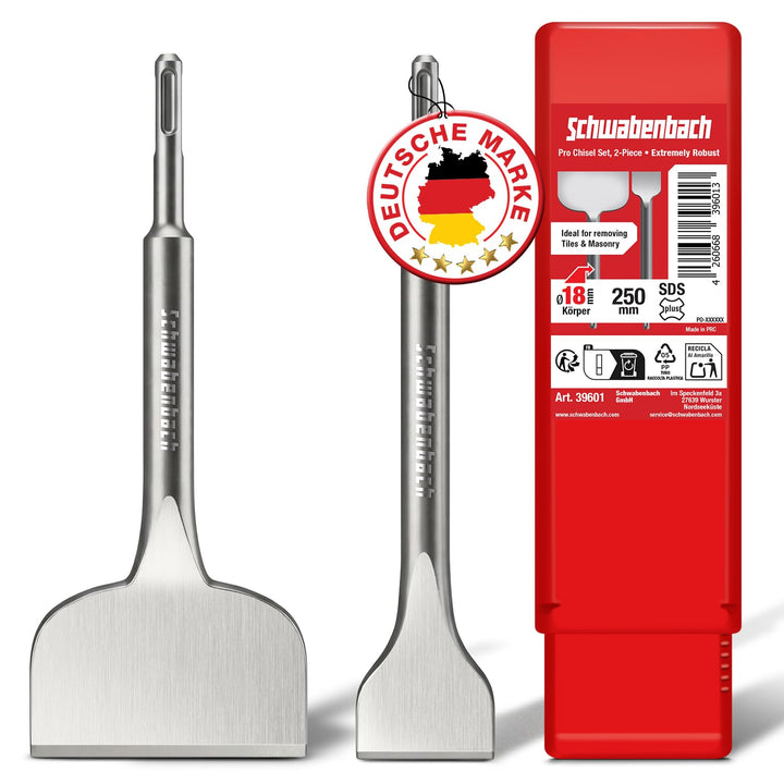 SCHWABENBACH® Fliesenmeissel Sds Plus - 2tlg 250 mm lang - Flachmeissel Sds Plus 50 mm + Sds Meissel