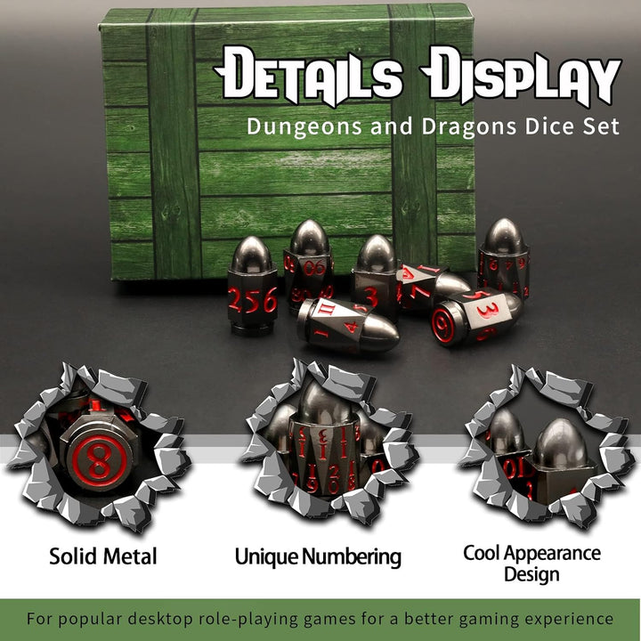DND Würfelset Dungeons and Dragons Würfel, ZHOORQI Bullet Metall Würfel Set, Polyedrische Würfel Set