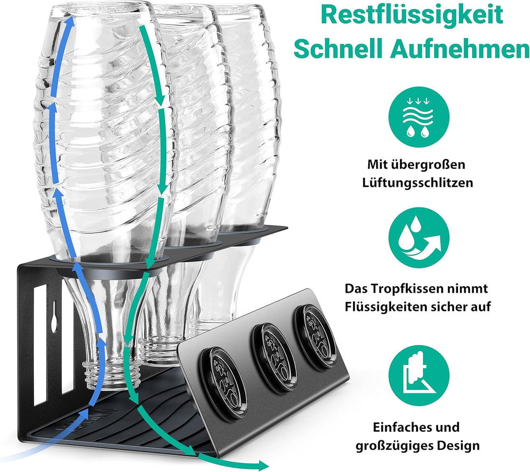 vinlley Flaschenhalter für Sodastream 3er Abtropfhalter mit Herausnehmbare Abtropfwanne und Deckelha