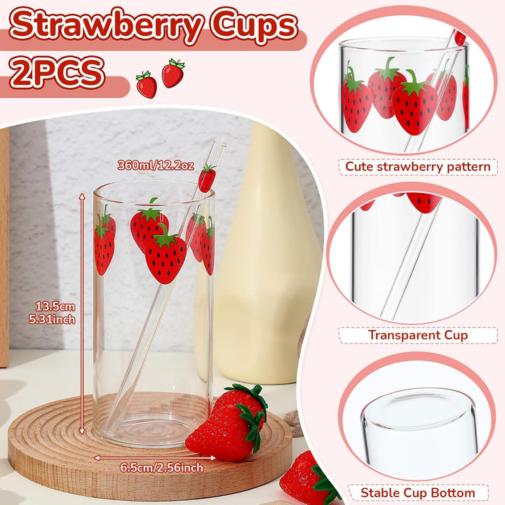Tessco Erdbeerbecher mit Strohhalm, Glasbecher mit Strohhalm, transparent, Beerenmuster, Gläser, Fla