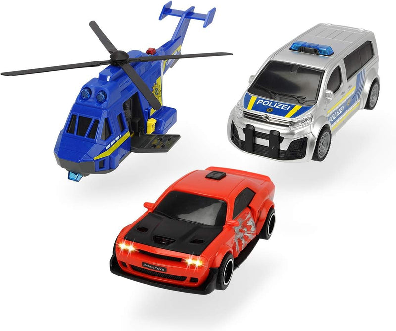 Dickie Toys Police Chase, Polizeiauto, Spielzeugauto, Helikopter, Spielset, 3er Set mit Licht & Soun