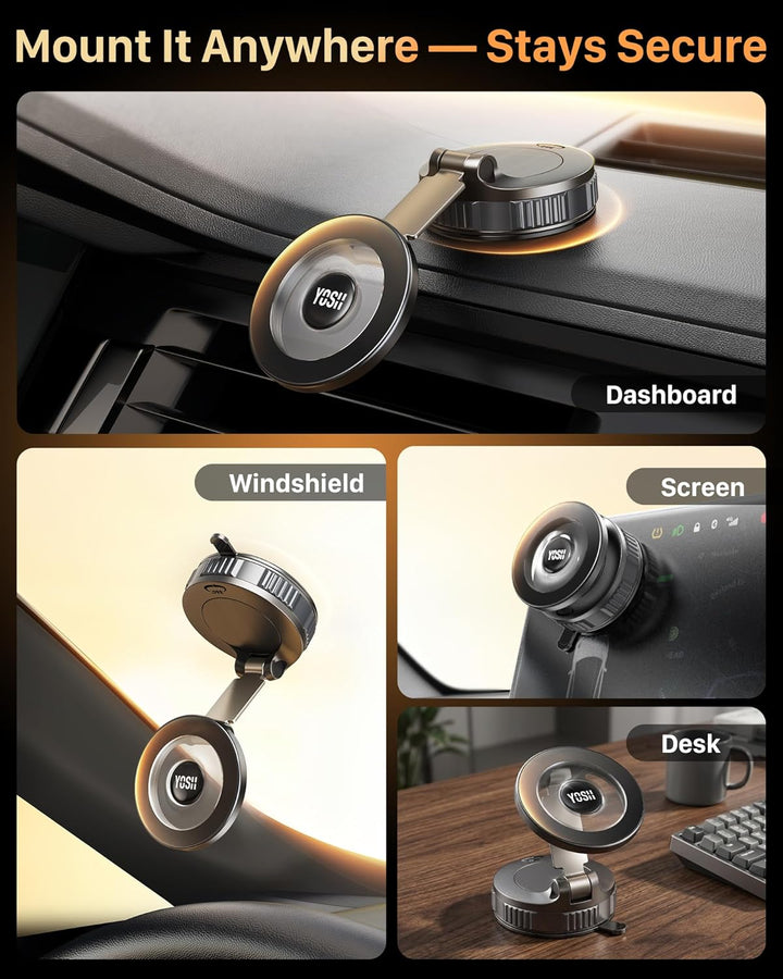 YOSH Vakuum Handyhalterung Auto für MagSafe, Starke Saugkraft mit Twist-Lock, 360° drehbare Basis &