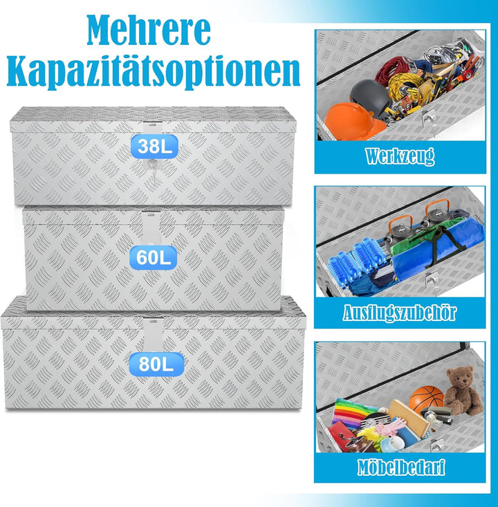 YRHome 38L Aluminium WerkzeugkisteAlubox Aluminiumkiste Transportbox Deichselbox Für PKW Anhänger Mi